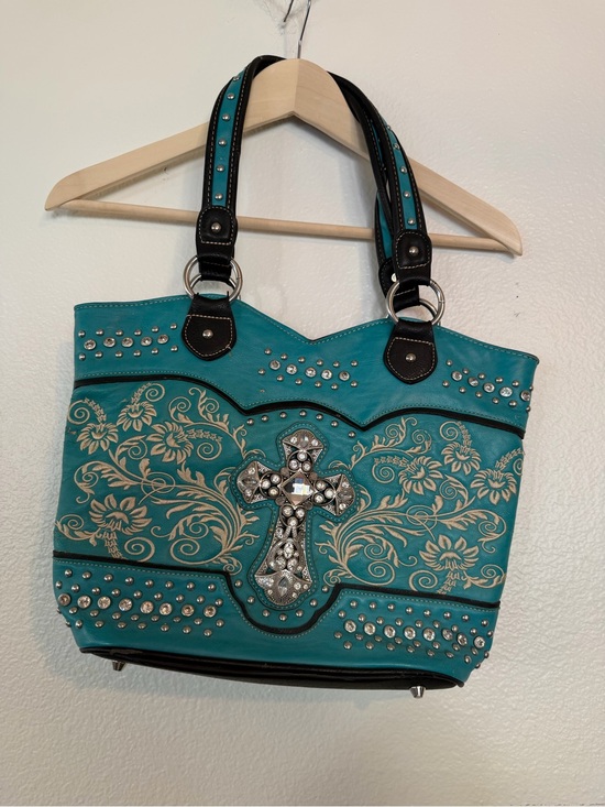 Mountain West Handbags - Turquoise Embroidered Shoulder Tote with Rhinestone Cross
